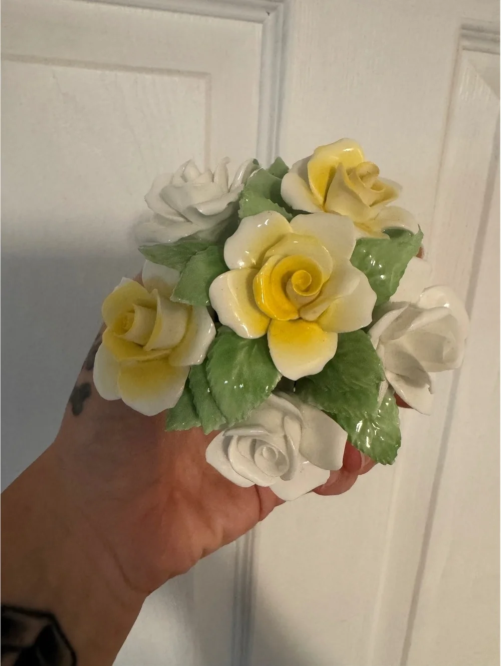 Vintage Ceramic Flower Bouquet Figurine with Yellow and White Roses
